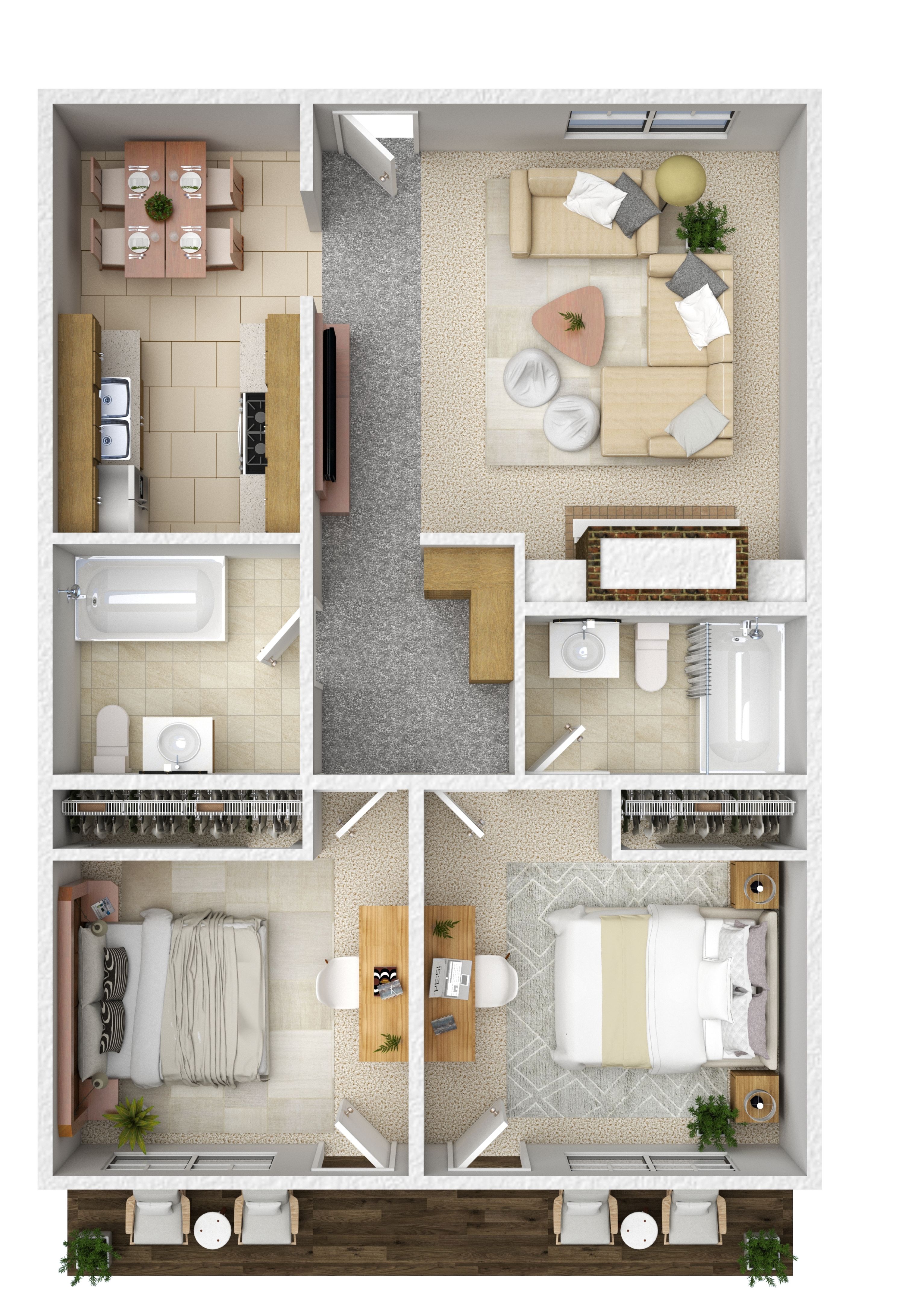 Floor plan for 2 beds, 2 baths, 955 sqft